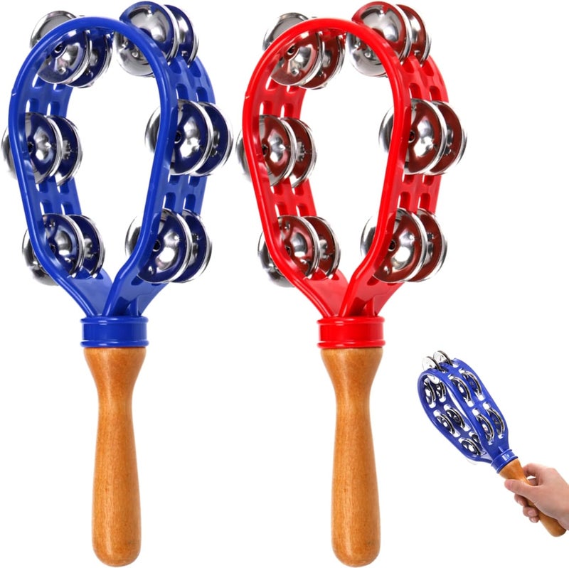 Eorbow 2 Pack 12" Tambourine for Adults, Double Row Metal Jingles Hand Held Tambourine, Plastic Wooden Hand Percussion Instrument, Musical Bells for School Party Church Concerts - Image 1